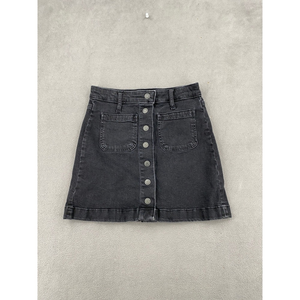 Madewell Button Front Denim Mini Skirt Black Washed Size 24 A-Line Patch Pocket
